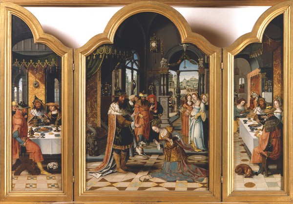 Pittore manierista di Anversa del XVI secolo, Ester e Assuero; Adamo ed Eva