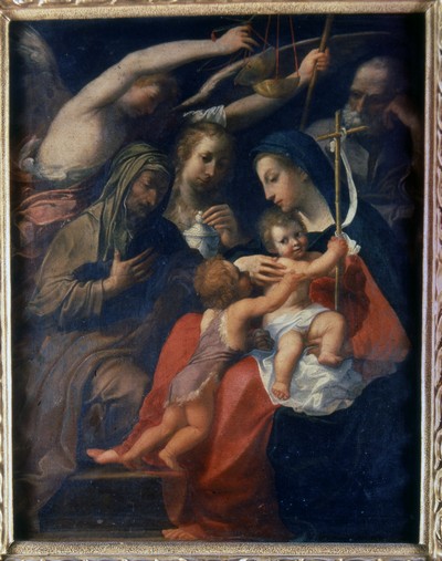 Pittore bolognese del XVII secolo, Sacra Famiglia con i Santi Giovannino, Anna, Maddalena e Michele Arcangelo