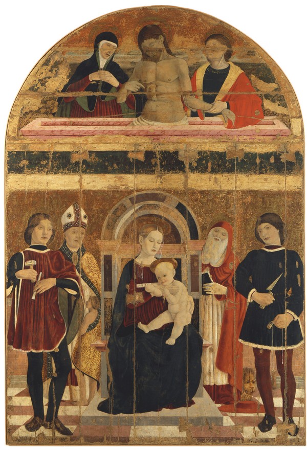 Maestro della Pala dei Muratori - Madonna col Bambino in trono e Sant