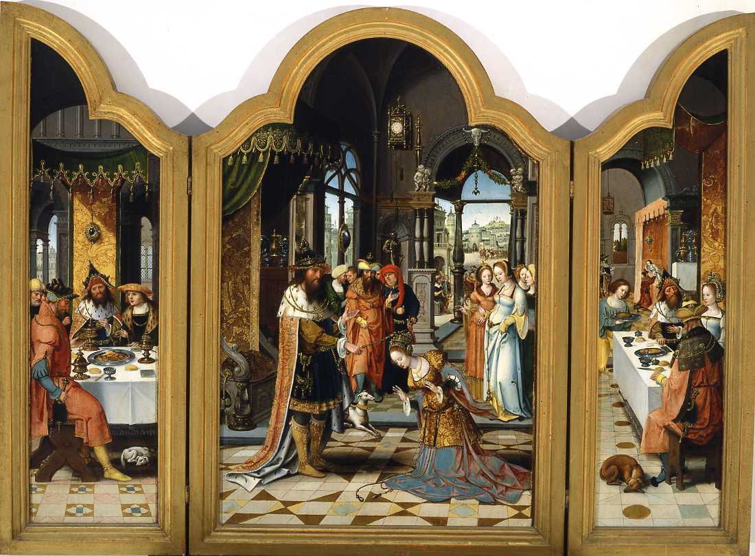 Pittore manierista di Anversa del XVI secolo, Ester e Assuero