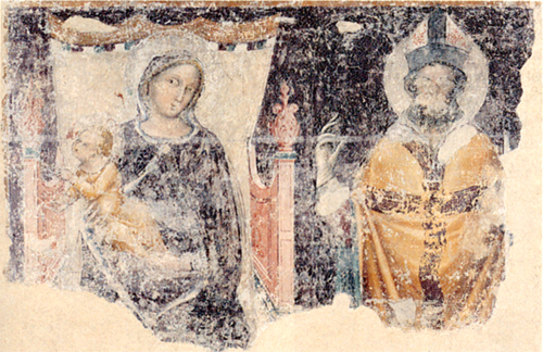 Allievo o seguace di Vitale da Bologna - Madonna col bambino in trono e un santo vescovo 